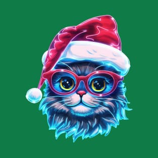 Neon  Christmas Cat Holiday Art T-Shirt