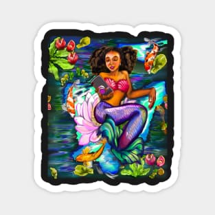 Mermaid checking her phone ii with Koi fish in koi pond with plants and flowers Magnet