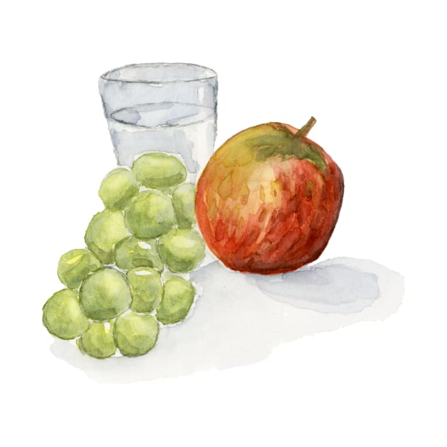 Red Apple, Green Grapes Painting Watercolor Glass of Water, Still life Painting, Art Kitchen Wall Art by EugeniaAlvarez