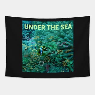 under the sea,blue sea,sea creatures,Turtle, puffer fish, starfish, shrimp, shark, tropical fish, sea horse, seaweed, sardines, squid, crabs, clams Tapestry