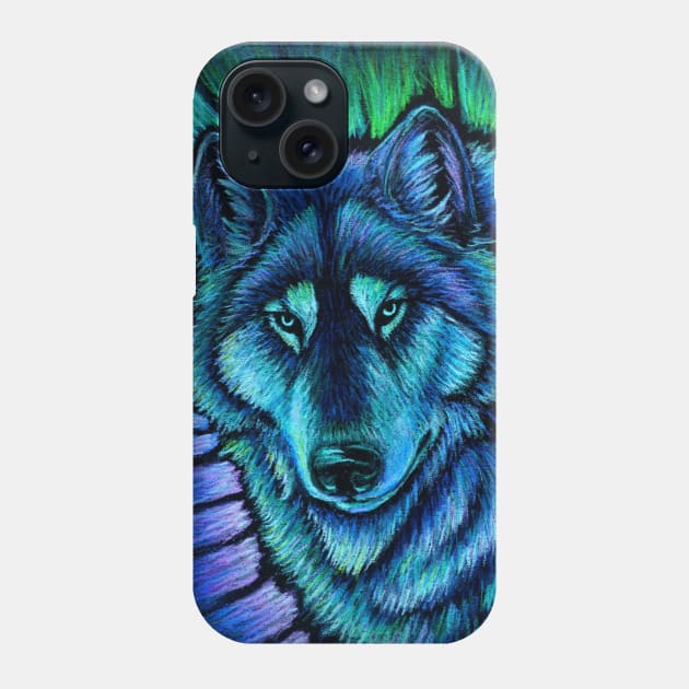 Colorful Blue Fantasy Wolf Aurora Phone Case by rebeccawangart