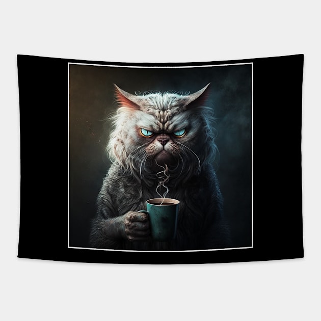 Funny Mean Looking Cat  Drinking Coffee, Coffee Cat Lover Tapestry by dukito