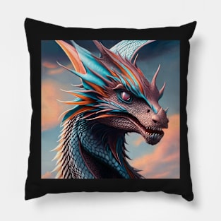 Intricate Blue and Orange Dragon at Sunset Pillow