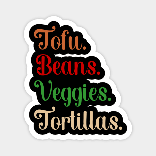 Tofu. Beans. Veggies. Tortillas. Script vegan burrito ingredients Magnet by Rocky Ro Designs