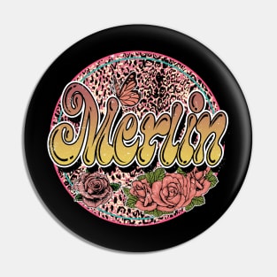 Graphic Proud Merlin Name Flower Birthday 70s 80s 90s Vintage Styles Pin