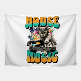 HOUSE MUSIC  - Feline Dj on Decks 2 (black/teal/orange) Tapestry