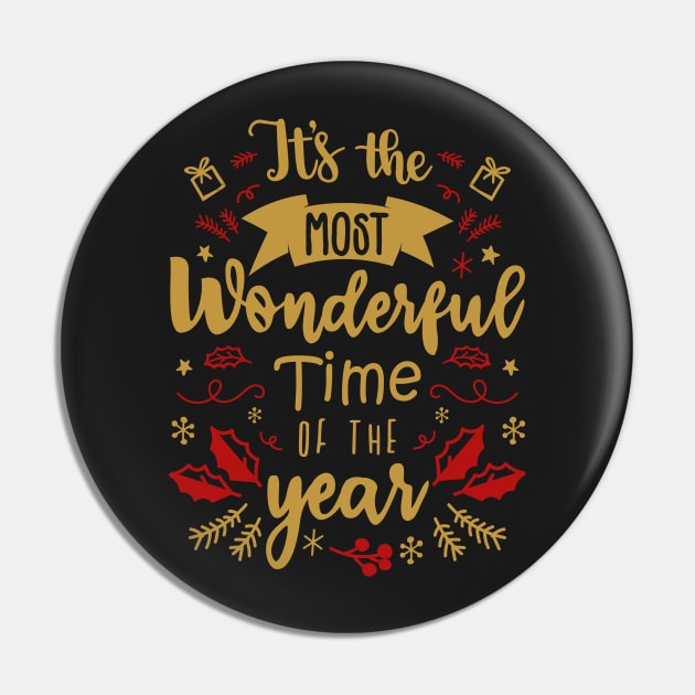 It's the Most Wonderful Time of the Year - Christmas Time - Red and Gold Tone Pin by GDCdesigns