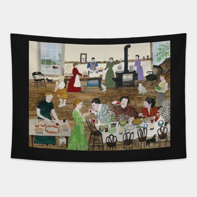 grandma moses painting baking bread Tapestry by QualityArtFirst