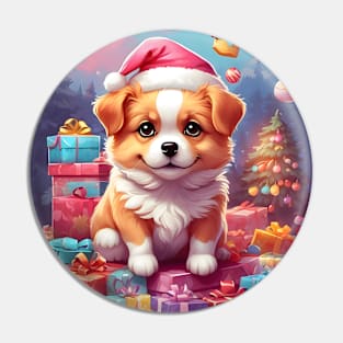 Cute Puppy with Santa Hat and Christmas Gifts Pin