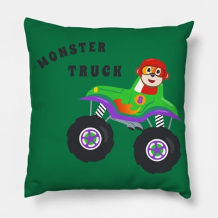 Cartoon vector of monster truck with little animal driver. Pillow