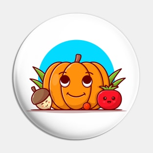 Happy Cute Pumpkin with Cute Acorn and Tomato Cartoon Vector Icon Illustration Pin