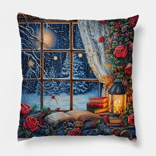 Fantasy winter starry night window Pillow