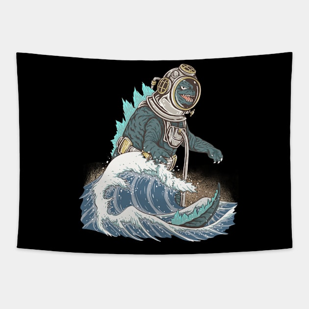 The Great Godzilla diver off Kanagawa Tapestry by opoyostudio