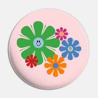 Happy Retro Flowers 60s 70s Smiley Face Vintage Floral Pin