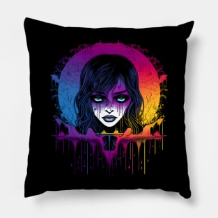 Cool Goth Girl Rainbow Neon Colors Rave Design Pillow