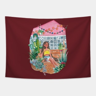 girl relax in green house Tapestry