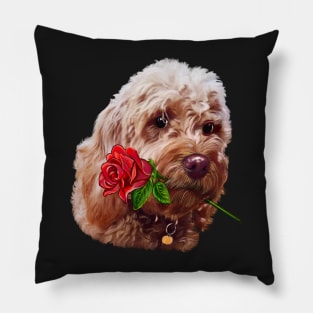 Cavapoo cavoodle with red rose - Cavapoo puppy dog  - cavalier king charles spaniel poodle, dog Valentine’s day Pillow