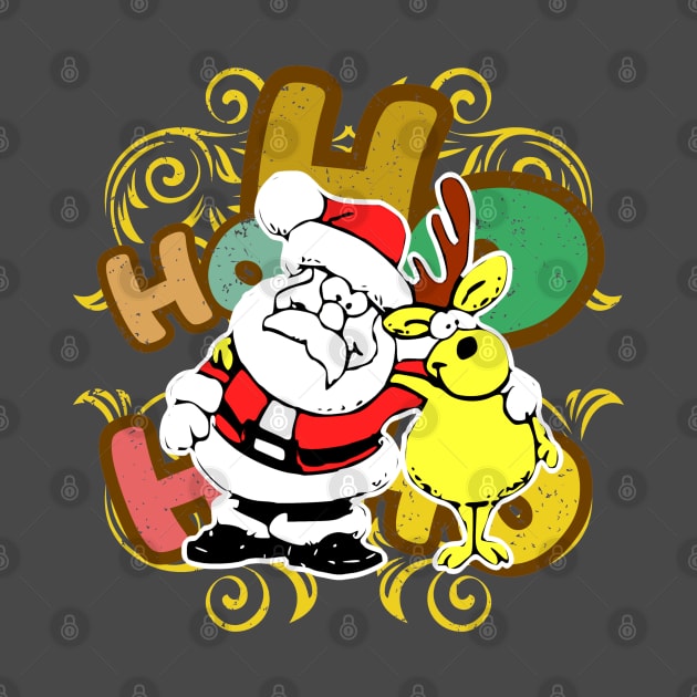 Ho ho ho Santa Claus and Rudolf the reindeer in friendly embrace in a Christmas atmosphere against the background of colorful letters by PopArtyParty