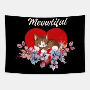 Meowtiful Cat sleeping softly on a red heart surrounded by flowers! Tapestry