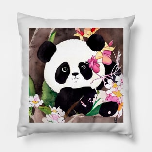 Cute panda and sweet peas blossom watercolor painting Pillow