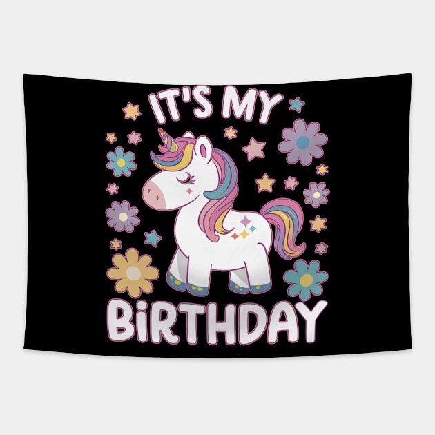 it's my birthday cute kawaii unicorn groovy flowers design for kids girl Tapestry by NIKA13