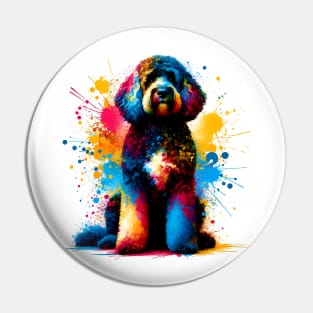 Spanish Water Dog in Colorful Splash Art Style Pin