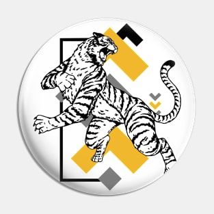 Retro 80s Black and Gold Tiger on the Attack // Vintage Geometric Shapes Background Pin