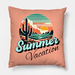 Summer vacation, sunset retro and cactus design for bright colors Pillow