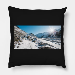 Swiss Alps - Flüelapass Mountain Pass Panorama on Sunny Winter Day Pillow