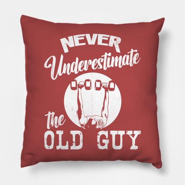 Never Underestimate the Old Guy [white] Pillow by Blended Designs