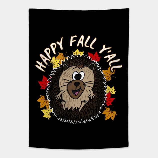 Happy Fall Y'All Hedgehog Leaves Autumn October Tapestry by doodlerob