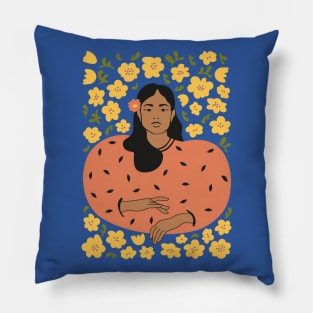 Woman in orange and yellow flowers Pillow