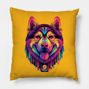 Siberian Husky Happy Dog Trippy Vintage Artwork Pillow