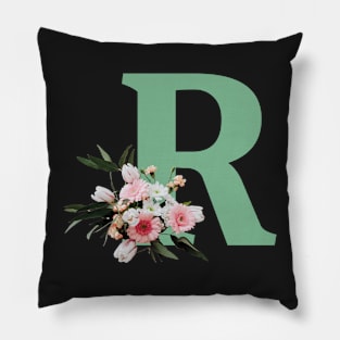 Letter R green with colorful flowers Pillow