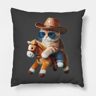 A cat wearing sunglasses and a cowboy hat riding a toy horse Pillow