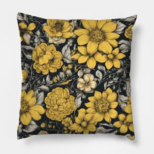 black background with white and yellow flowers 4 Pillow