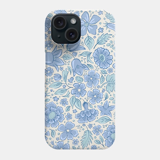 Scattered flowers and leaves in aqua tones on textured background Phone Case by colorofmagic