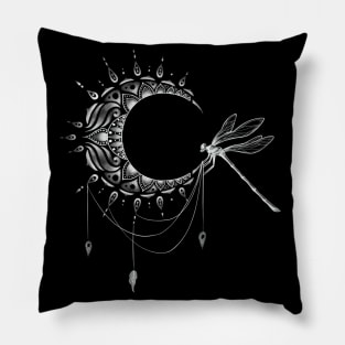 Intricate Half Crescent Moon with Dragonfly Tattoo Design Pillow