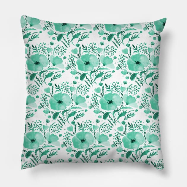 Watercolor poppies bouquet pattern - aqua Pillow by wackapacka