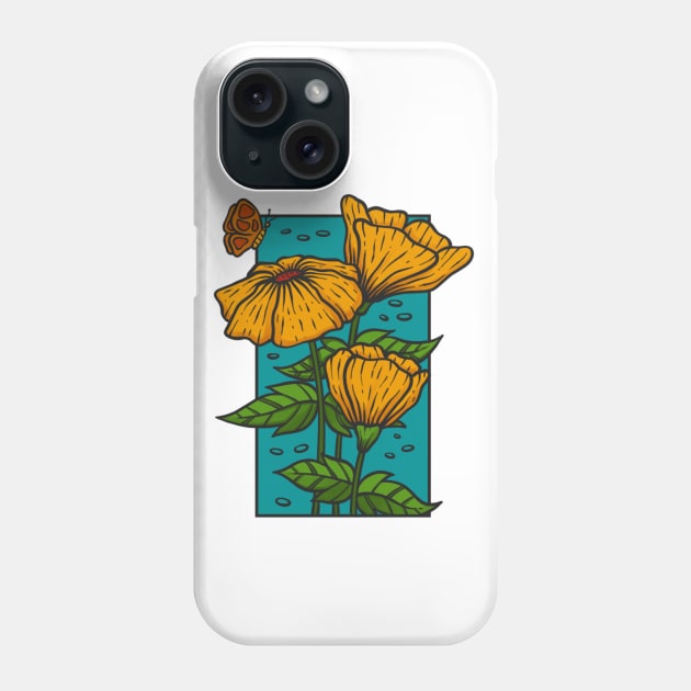 Vintage yellow flower doodle with butterfly illustration Phone Case by Wahyuwm48