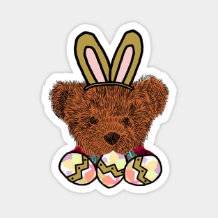 Happy Easter Bunny Ears on Teddy Bear Eating Easter Eggs Magnet