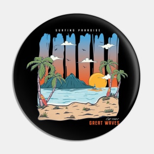 Vintage Beach Sunset  Great Waves Vacation Surfing Paradise Pin