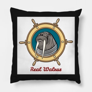 Walrus in seaman shirt against steering wheel drawn in cartoon style. Pillow