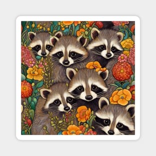 Raccoon Babies Cute Little Baby Raccoons and Flowers Magnet