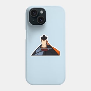 Guy sitting on wooden boat in sea vector illustration. People travelling icon concept. Beautiful views of the sea among the guy design. Phone Case