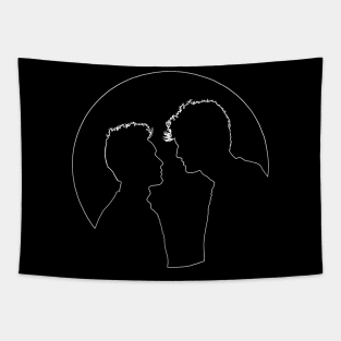 Malec silhouettes and full moon (white outline) - Alec Lightwood and Magnus Bane / Matthew Daddario and Harry Shum Jr. - Shadowhunters / The mortal instruments T-Shirt Tapestry