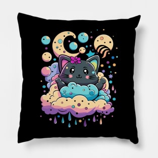 Cute Black Cat, night sky Pillow