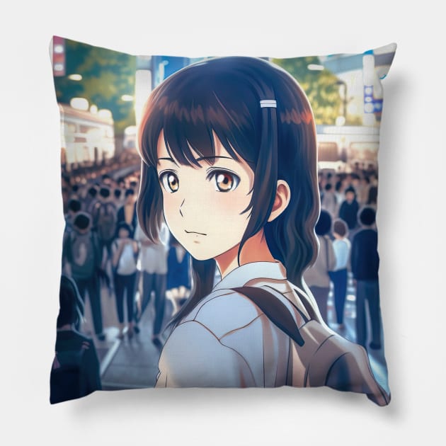 Cute Anime Girl at Night in Tokyo - Anime Wallpaper Pillow by KAIGAME Art