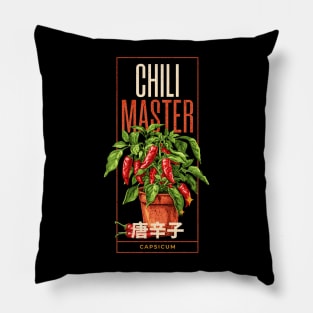 Chili master design with a chili plant, CAPSICUM, chili fruits and japanese text japanese Typography Pillow