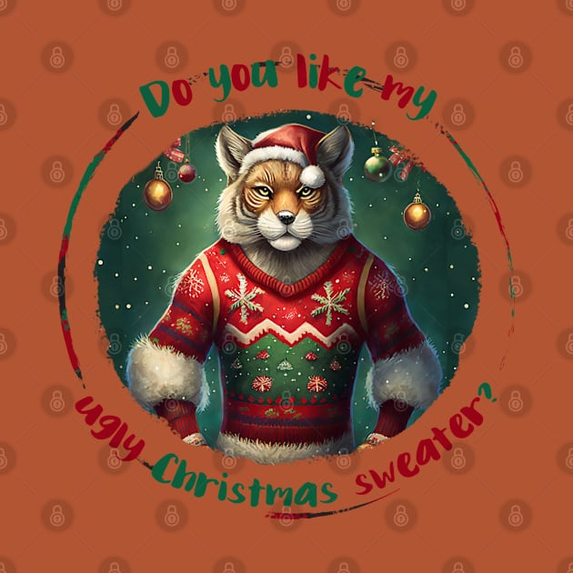 Ugly Christmas sweater: Festive tiger-man in winter wonderland wearing a sweater with a Christmas tree and ornaments by WitchDesign